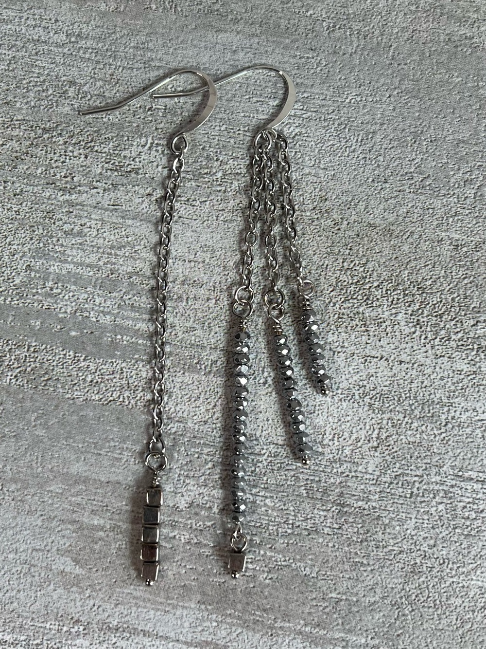 Mis-Matched Silver Tone Dangle Chain And Bead Earrings
